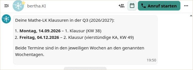 bertha.KI antwortet im Chat der Schulcloud auf eine Frage nach Klausurterminen