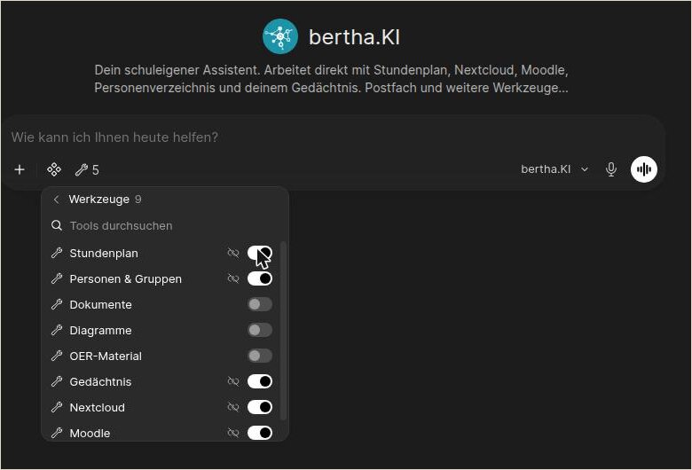 bertha.KI in Open WebUI mit der Liste der Werkzeuge, die der Agent benutzen kann